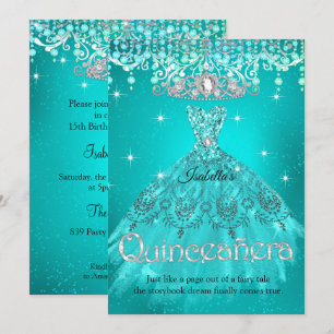 Invitación Princesa Quinceañera Cumpleaños 15 Años Tiara Teal