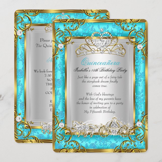 Invitación Princesa Quinceañera Cumpleaños 15 Damasco Teal (Anverso / Reverso)