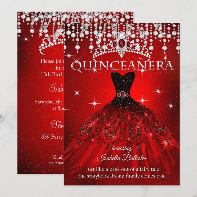 Invitación Princesa Quinceañera Cumpleaños 15 Diadema Roja (Anverso / Reverso)