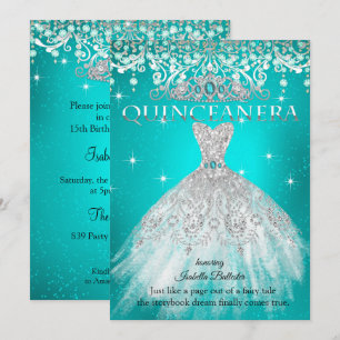 Invitación Princesa Quinceañera Cumpleaños 15 Tiara Azul Teal