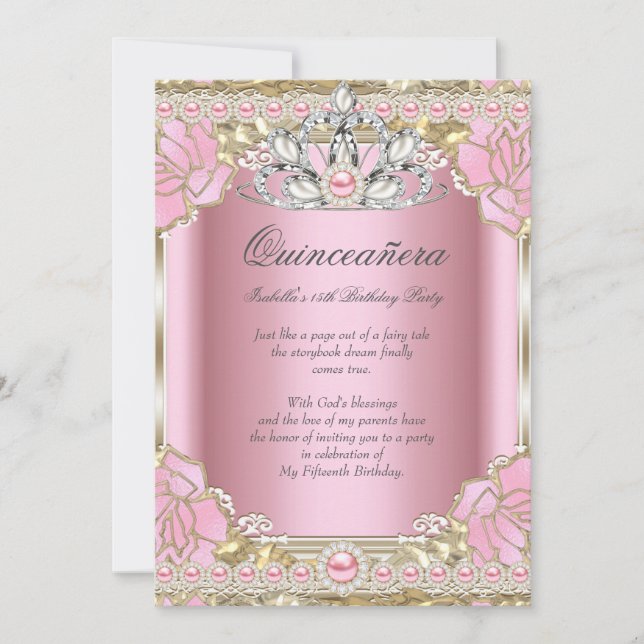 Invitación Princesa Quinceañera Cumpleaños Fiesta Perla Rosa (Anverso)