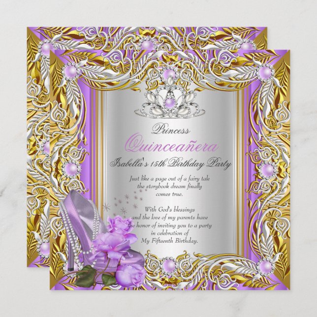 Invitación Princesa Quinceanera Cumpleaños Morado Rosa Oro 2 (Anverso / Reverso)