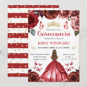 Invitación Princesa Quinceañera de Cabello Rubio Vestido Rojo