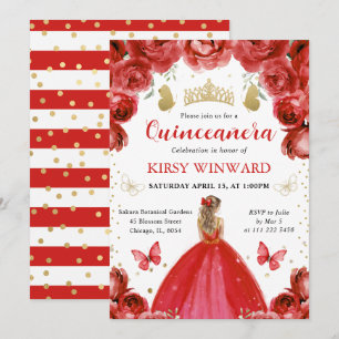 Invitación Princesa Quinceañera de Cabello Rubio y Vestido Ro