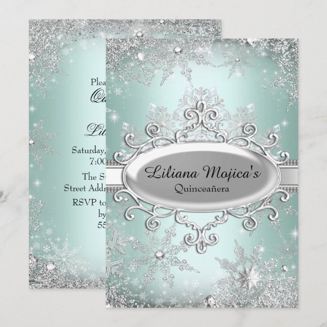 Invitación Princesa Quinceanera de copos de nieve de cristal  (Anverso / Reverso)