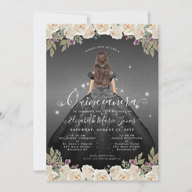 Invitación Princesa Quinceanera de Glam Gris Floral Negro (Anverso)