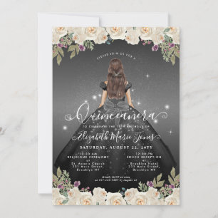Invitación Princesa Quinceanera de Glam Gris Floral Negro