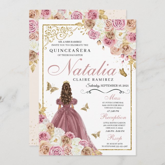 Invitación Princesa Quinceanera de la flor de champán de oro  (Anverso / Reverso)