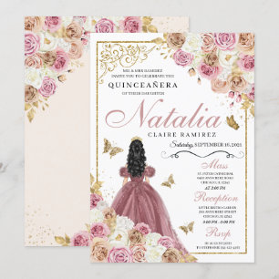 Invitación Princesa Quinceanera de la flor de champán de oro