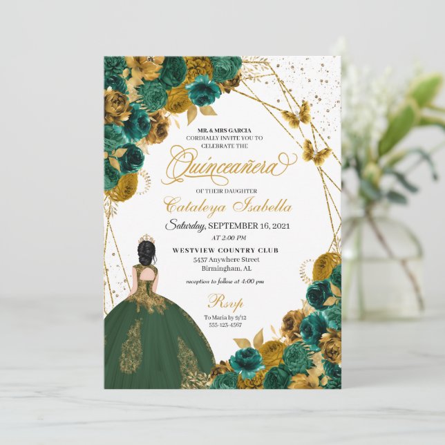 Invitación Princesa Quinceanera de la Mariposa de Oro Verde E (Anverso de pie)