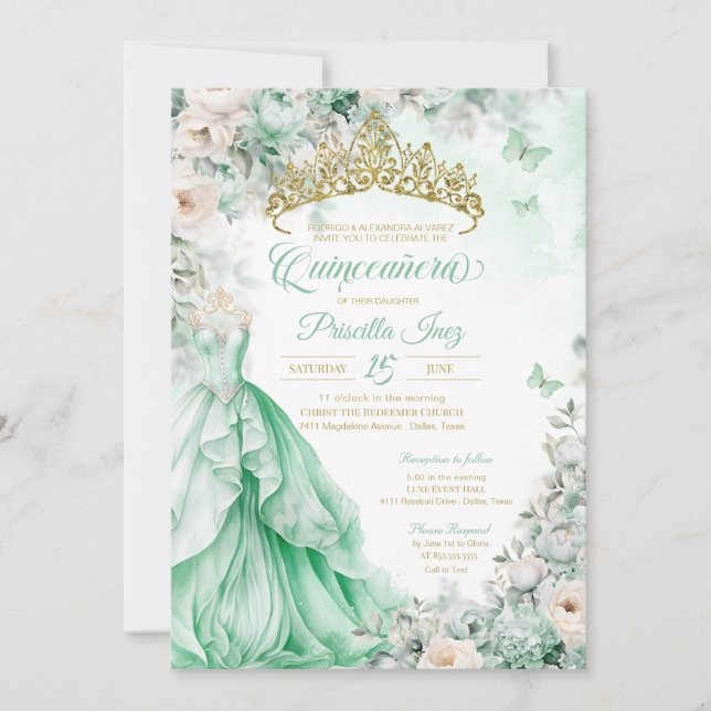 Invitación Princesa Quinceañera de la Mariposa de Oro Verde M (Anverso)