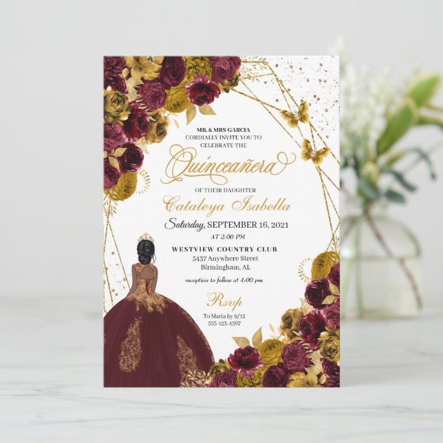 Invitación Princesa Quinceanera de la mariposa de oro y borgo (Anverso de pie)