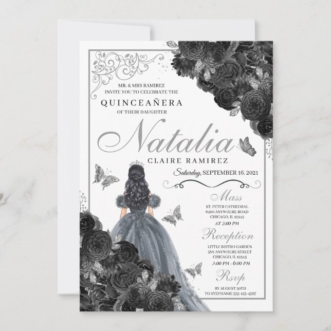 Invitación Princesa Quinceañera de la Mariposa Plateada Rosas (Anverso)