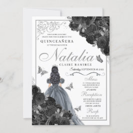Invitación Princesa Quinceañera de la Mariposa Plateada Rosas