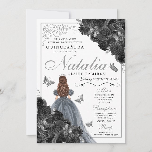 Invitación Princesa Quinceañera de la Mariposa Plateada Rosas (Anverso)