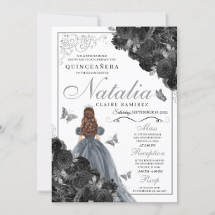 Invitación Princesa Quinceañera de la Mariposa Plateada Rosas