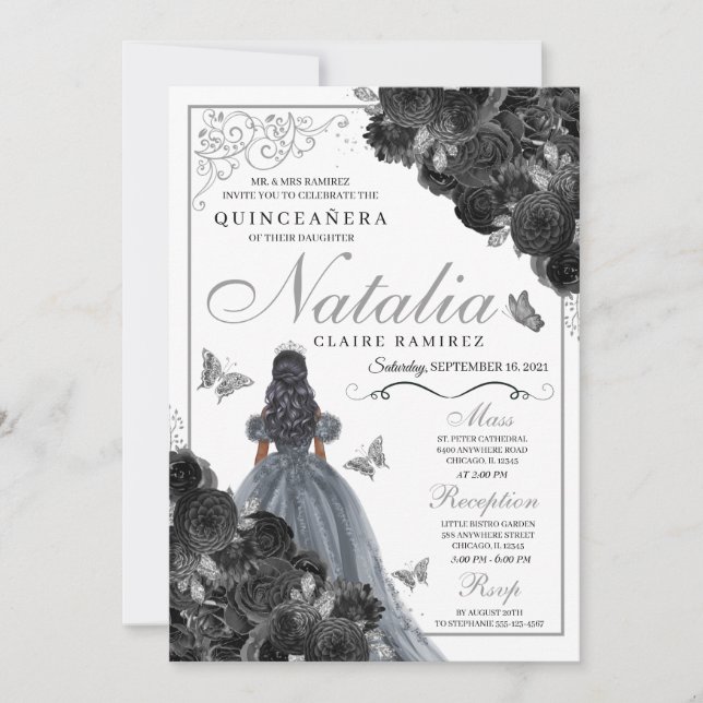 Invitación Princesa Quinceañera de la Mariposa Plateada Rosas (Anverso)