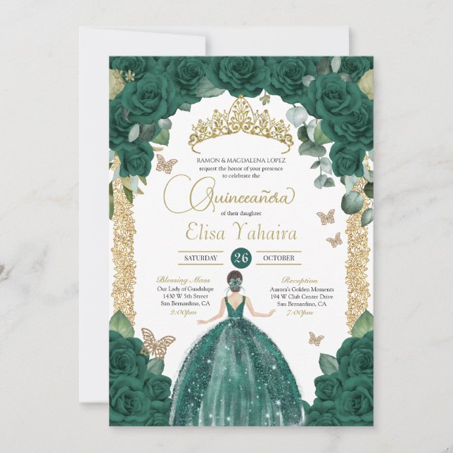 Invitación Princesa Quinceanera de la Mariposa Verde Esmerald (Anverso)