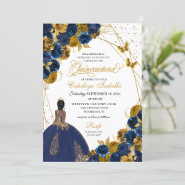 Invitación Princesa Quinceanera de mariposa azul y oro de la 
