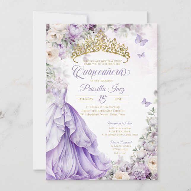 Invitación Princesa Quinceañera de mariposa dorada y púrpura  (Anverso)