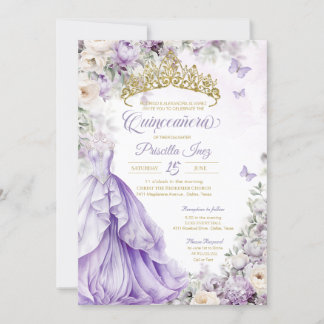 Invitación Princesa Quinceañera de mariposa dorada y púrpura