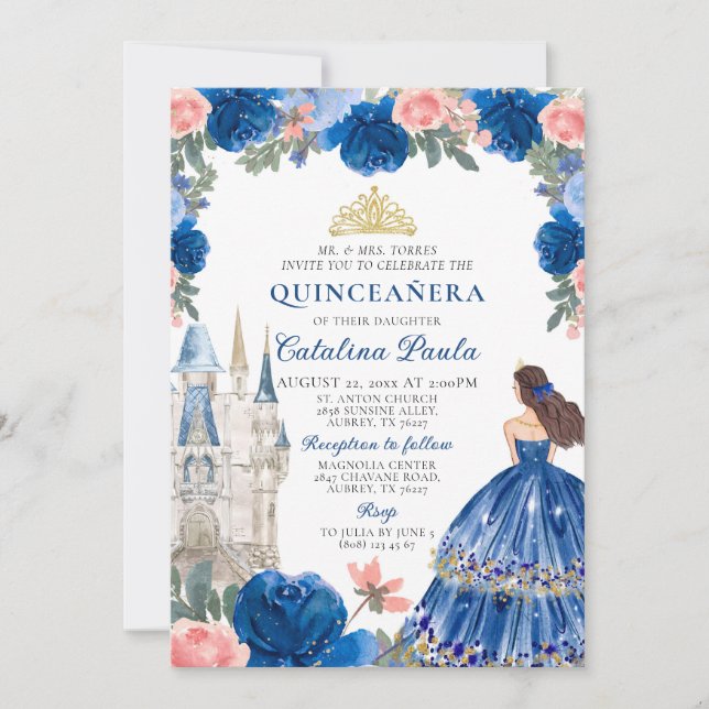 Invitación Princesa Quinceañera de oro azul marino (Anverso)