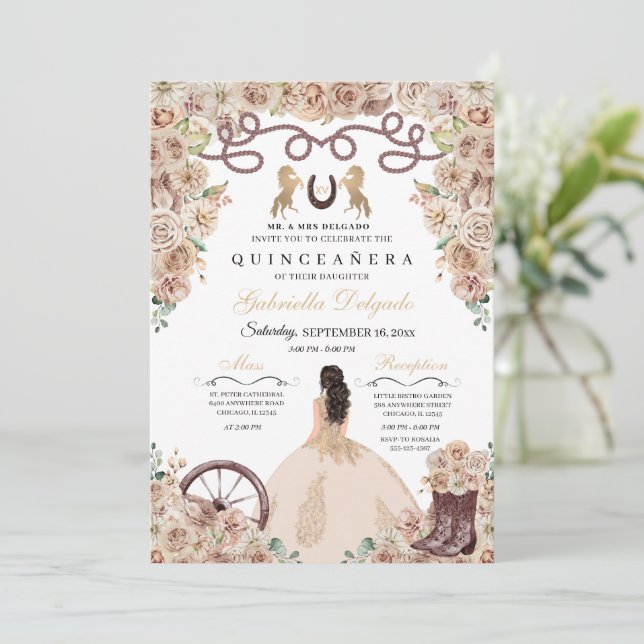 Invitación Princesa Quinceanera de oro de Champagne (Anverso de pie)