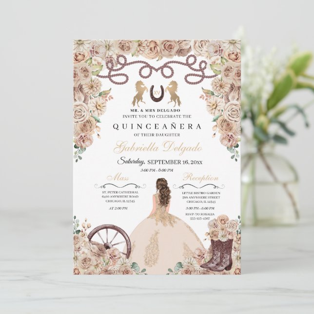 Invitación Princesa Quinceanera de oro de Champagne (Anverso de pie)
