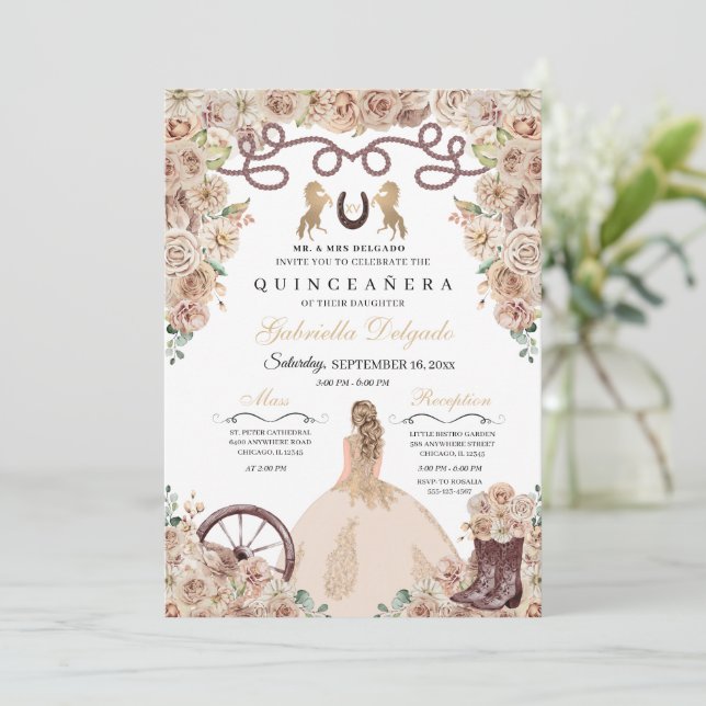 Invitación Princesa Quinceanera de oro de Champagne (Anverso de pie)