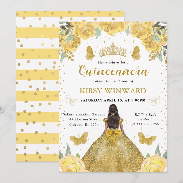 Invitación Princesa Quinceañera de Piel Oscura con Vestido Do (Anverso / Reverso)