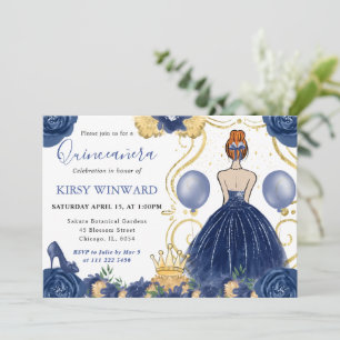 Invitación Princesa Quinceañera de vestido azul marino y cabe