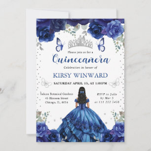 Invitación Princesa Quinceañera de Vestido Azul y Cabello Neg