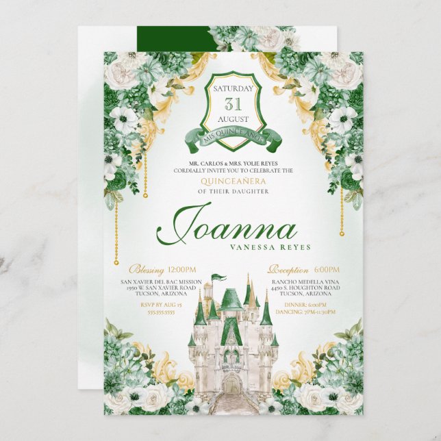 Invitación Princesa Quinceanera del Castillo Real Verde Esmer (Anverso / Reverso)