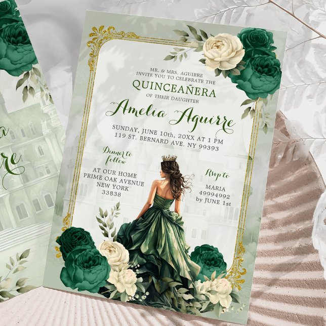 Invitación Princesa Quinceañera del Castillo Verde de Oro y E (Subido por el creador)