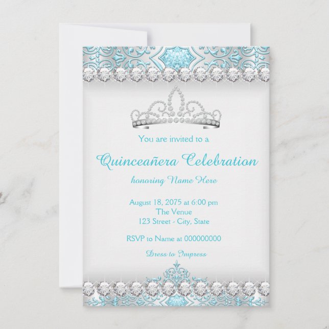 Invitación Princesa Quinceanera del Diamante Azul verde azula (Anverso)