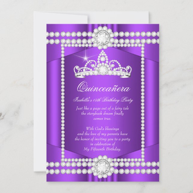 Invitación Princesa Quinceanera Diamante Blanco Púrpura Tiara (Anverso)