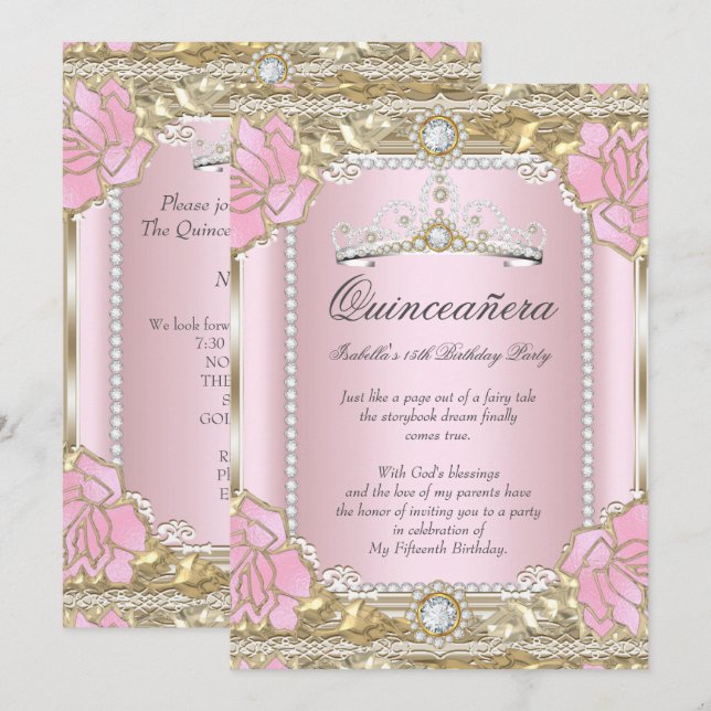 Invitación Princesa Quinceanera Diamante de Oro Rosa Tiara (Anverso / Reverso)