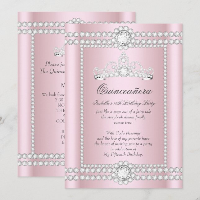 Invitación Princesa Quinceanera Diamante de Plata Rosa Tiara (Anverso / Reverso)