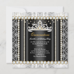Invitación Princesa Quinceanera Diamond Lace Blanco Negro
