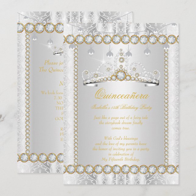 Invitación Princesa Quinceanera Diamond Lace Gold Silver (Anverso / Reverso)