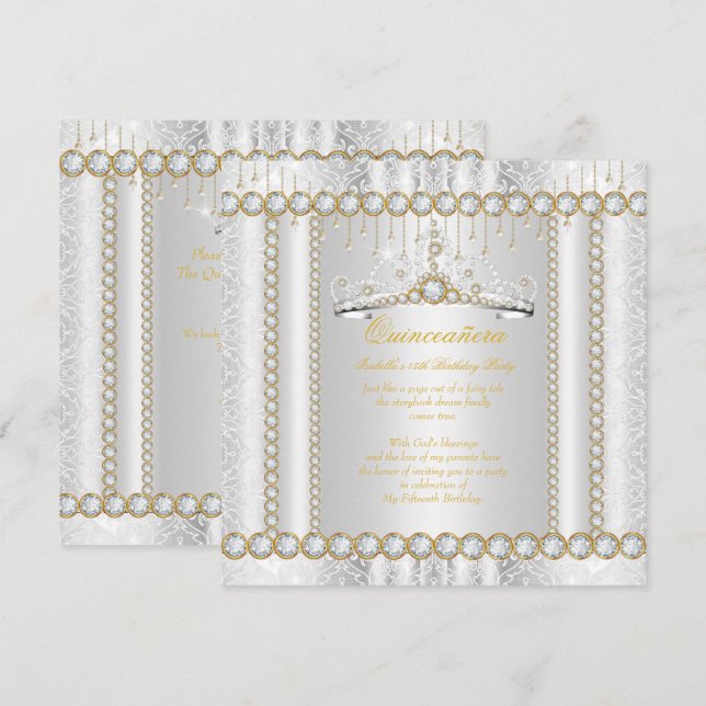 Invitación Princesa Quinceanera Diamond Lace Oro Blanco (Anverso / Reverso)