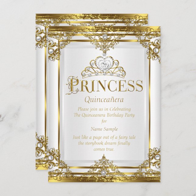 Invitación Princesa Quinceanera Elegante Oro Perla Blanca 2 (Anverso / Reverso)