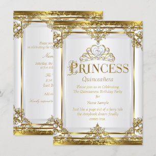 Invitación Princesa Quinceañera Elegante Perla Blanca Dorada 