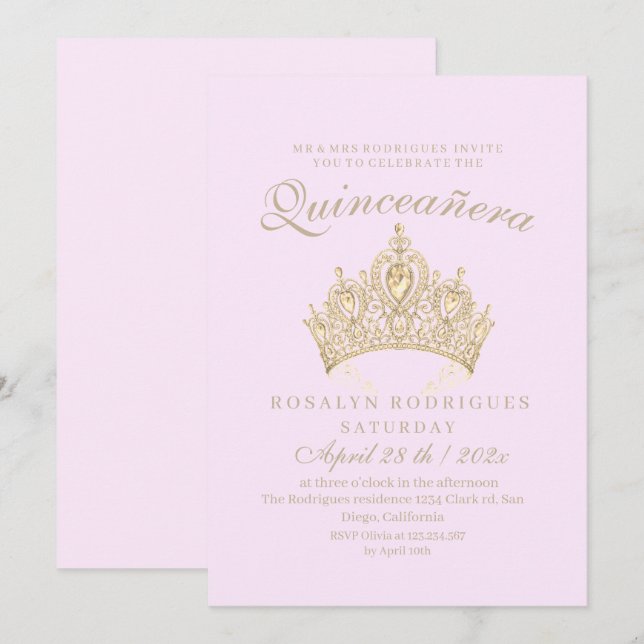 Invitación Princesa Quinceañera Elegante Rosa de la Corona de (Anverso / Reverso)