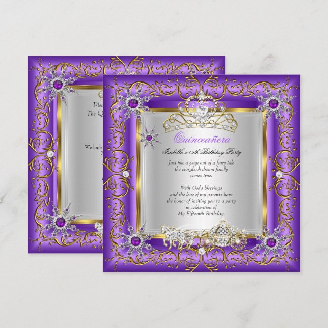 Invitación Princesa Quinceanera Elite Cumpleaños Gold Purple (Anverso / Reverso)