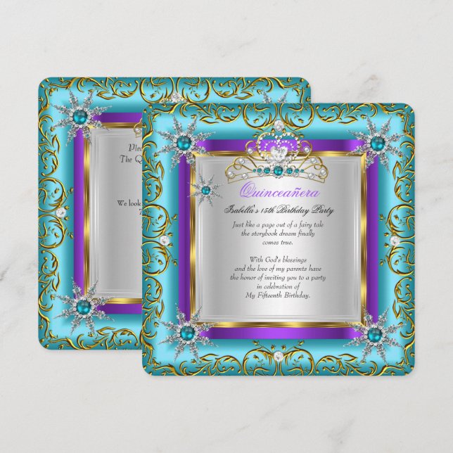 Invitación Princesa Quinceañera Élite Oro Plata Verde Azul Pú (Anverso / Reverso)