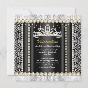 Invitación Princesa Quinceañera Encaje Diamante Negro Blanco