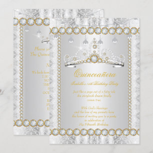Invitación Princesa Quinceañera Encaje Diamante Oro Plata