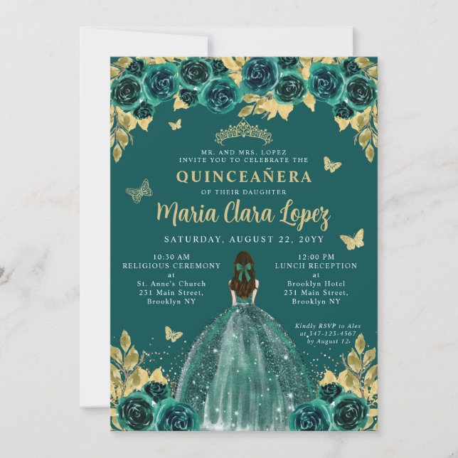 Invitación Princesa Quinceanera floral de oro esmeralda (Anverso)