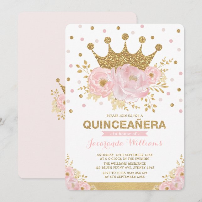 Invitación Princesa Quinceañera floral de oro rosa de Rubor (Anverso / Reverso)